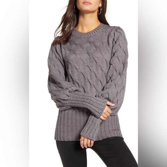 Nordstrom 4SI3NNA Drea Cable Knit Gray Sweater, Bishop Sleeves - Picture 2 of 14